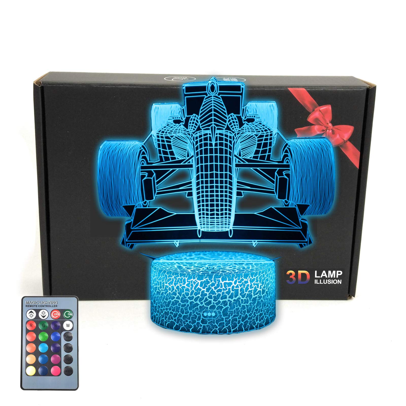 MARZIUS Race Sports Car 3D Illusion Table Lamp Roadster Shape Night Light with Greeting Card,Luminous Base,16 Colors Change,Remote Control,for Men, Women, Kids, Boys, Teens Gifts