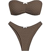 ZAFUL Women's Strapless Bikini Openwork Textured Bow Ruched Lace Up High Cut Bandeau Swimsuit Bathing Suits