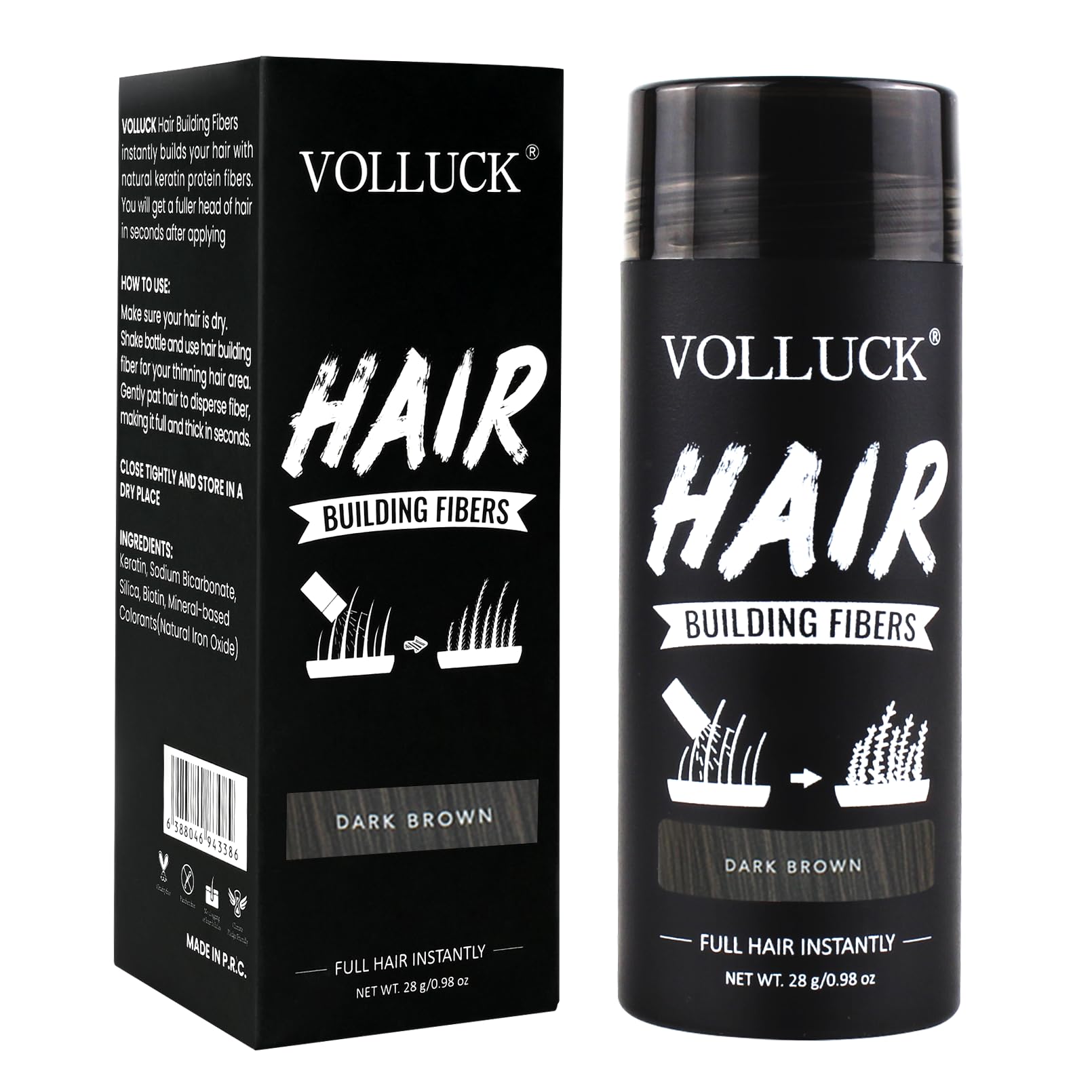 VOLLUCK Hair Fibres 28g – Instant Coverage for Thinning Hair – Creates a Naturally Fuller, Thicker Look – Lightweight, Natural Finish, Easy to Apply & Wash Off – For Men & Women (Dark Brown)