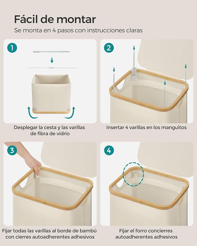 Cesto de roupa com tampa, Cesto Grande de Roupa, 90 L, Forro de Rede Removível, Tecido Oxford, Cabos de Bambu, Dobrável, 42 x 32 x 70,5 cm, Branco Creme LCB509W01