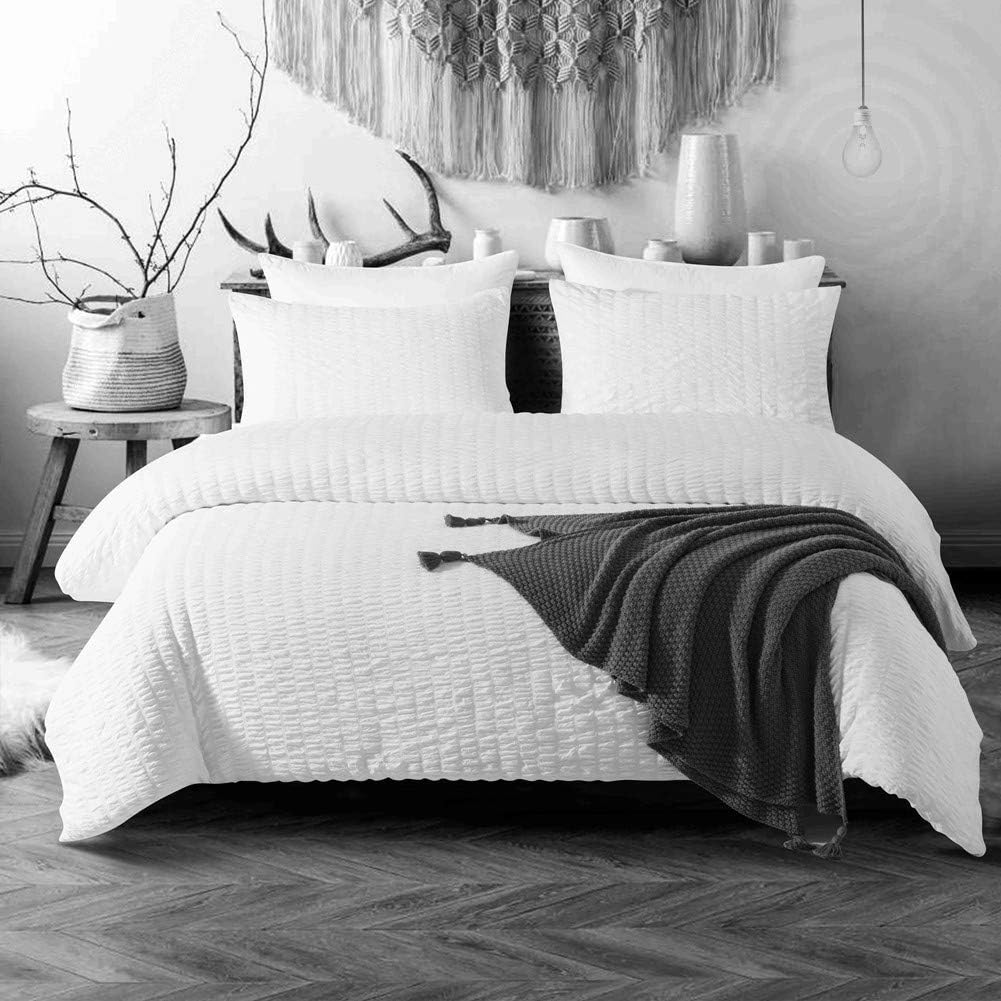 [hachette] SEERSUCKER DUVET COVER BEDDING BED SET WITH PILLOWCASES (White, Super King)
