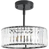 etiruety Modern Crystal Black Semi Flush Mount Ceiling Light Fixtures 12 in | Chandeliers for Dining Room 3-Ligh , Round Hanging Drum Pendant Light for kitchen Hallway Entryway Laundry Room