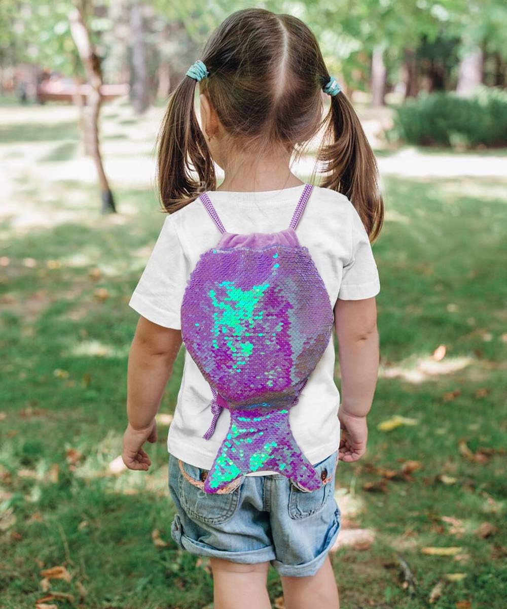  | AMZNOVA Mermaid Tail Backpack for Girls, Reversible Sequin Mermaid Drawstring Backpack Bag for School Gym Dance Hiking Beach, Small, Violet | Backpacks