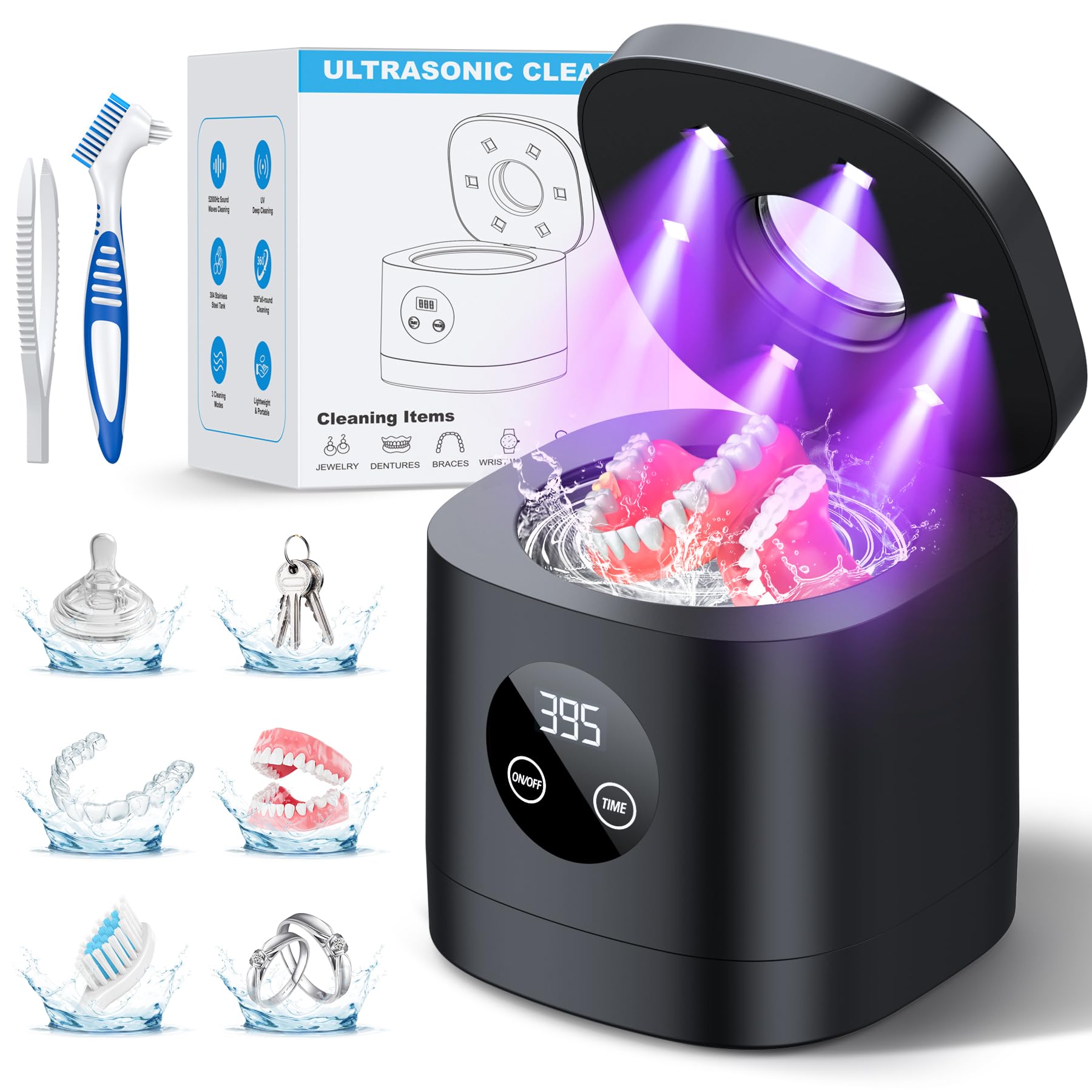 Photo 1 of TEBAL Ultrasonic Retainer Cleaner Machine, 52kHz Ultrasonic Denture Cleaner for Night Guards, Braces, Toothbrush Heads, Jewelry and More, Ultrasonic Cleaner for Retainers with 250ML Capacity, Black