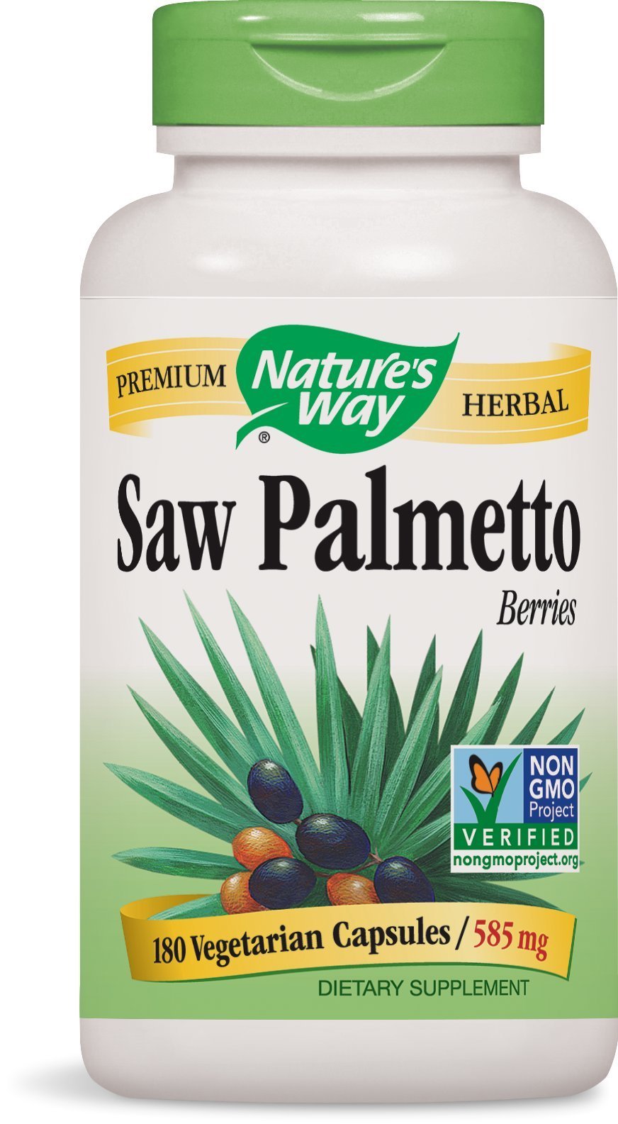 Nature's Way Saw Palmetto Berries; 585 mg Saw Palmetto Berries per serving; Non-GMO Project Verified; TRU-ID Certified; Gluten-Free; Vegetarian; 180 Capsules
