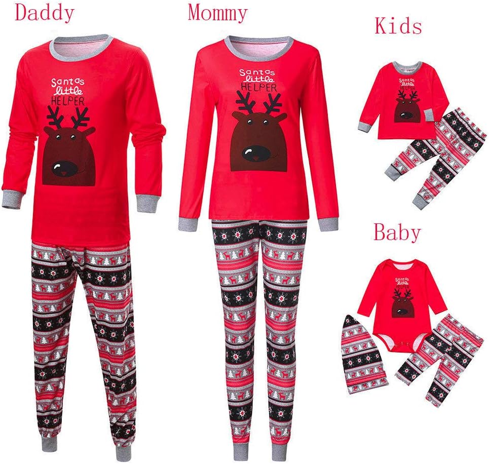 Zilosconcy matching family pajamas including Baby ， Cartoon letter printing Blouse Christmas tree and fawn Pants ，Family Pajamas Sleepwear christmas Matching Set