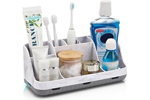 GFWARE Marble Bathroom Countertop Organizer - Detachable 7 Slots Kids Electric Toothbrush and Toothpaste Holde Drainage for Bathroom Accessories Organization Counter Vanity Storage, Grey