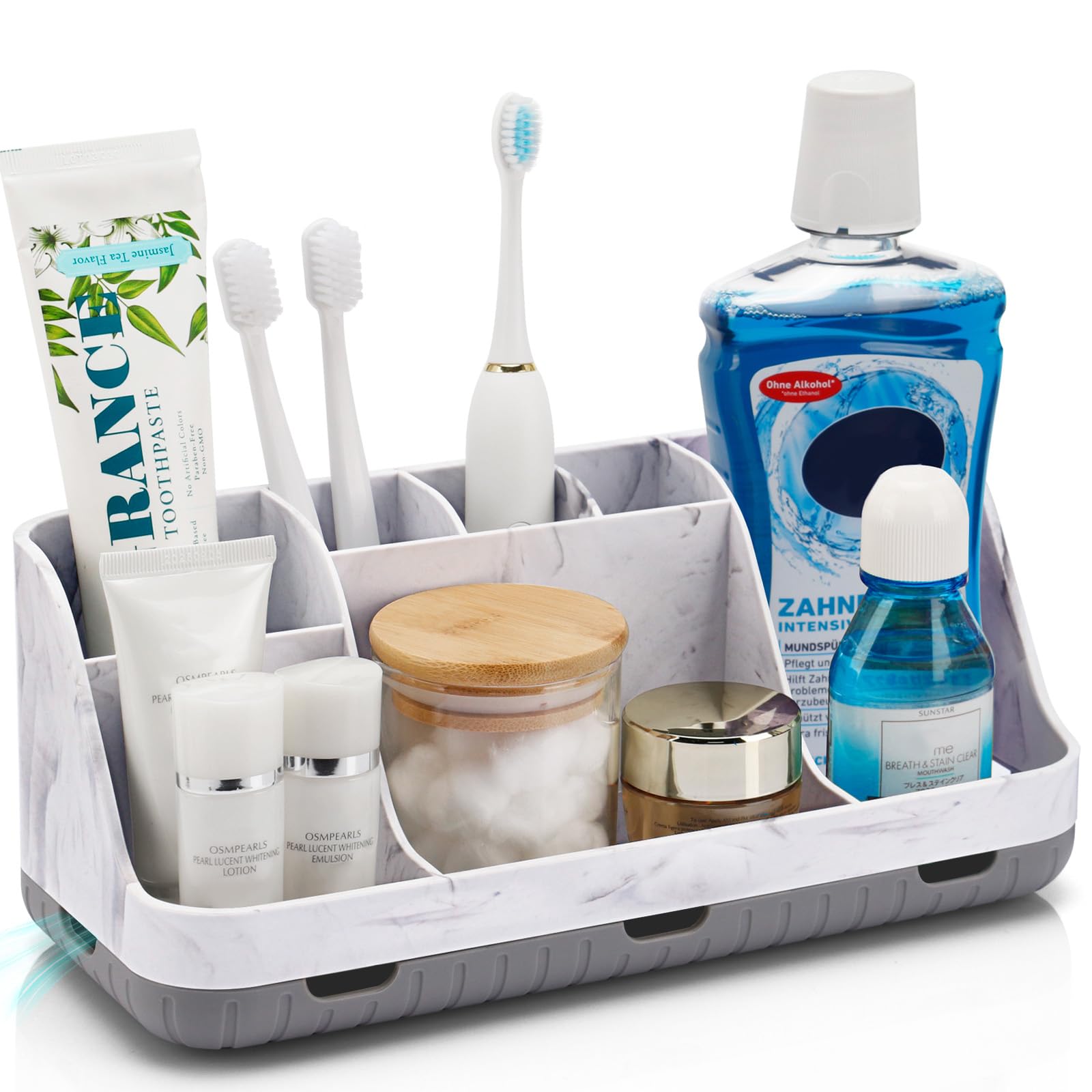 GFWARE Marble Bathroom Countertop Organizer - Detachable 7 Slots Kids Electric Toothbrush and Toothpaste Holde Drainage for Bathroom Accessories Organization Counter Vanity Storage, Grey