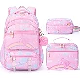 Fimibuke Kids Backpack for Girls, 3PCS Rainbow & Butterflies Teen Girls Backpack with Lunch Box & Pencil Case, Cute Pink Bookbag School Bag for Kindergarten Elementary Middle School Student Ages 5+