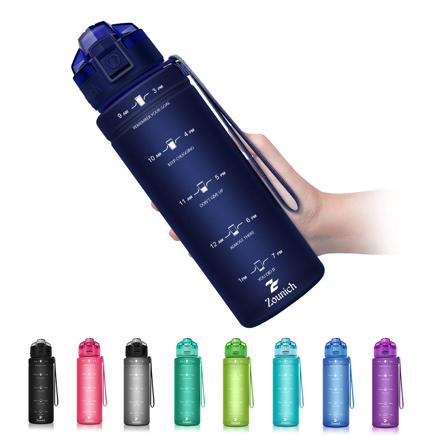 Zounich Sports Water Bottle Kids with Times to Drink Leakproof 1L / 700ml / 500ml 1Litre Drink Bottles BPA Free Motivational Adults, Gym, School, Running, Travel, Girls, Boys, Filter Reusable — image 1