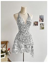 BEAUDRM Women's Floral Print Sleeveless Halter Deep