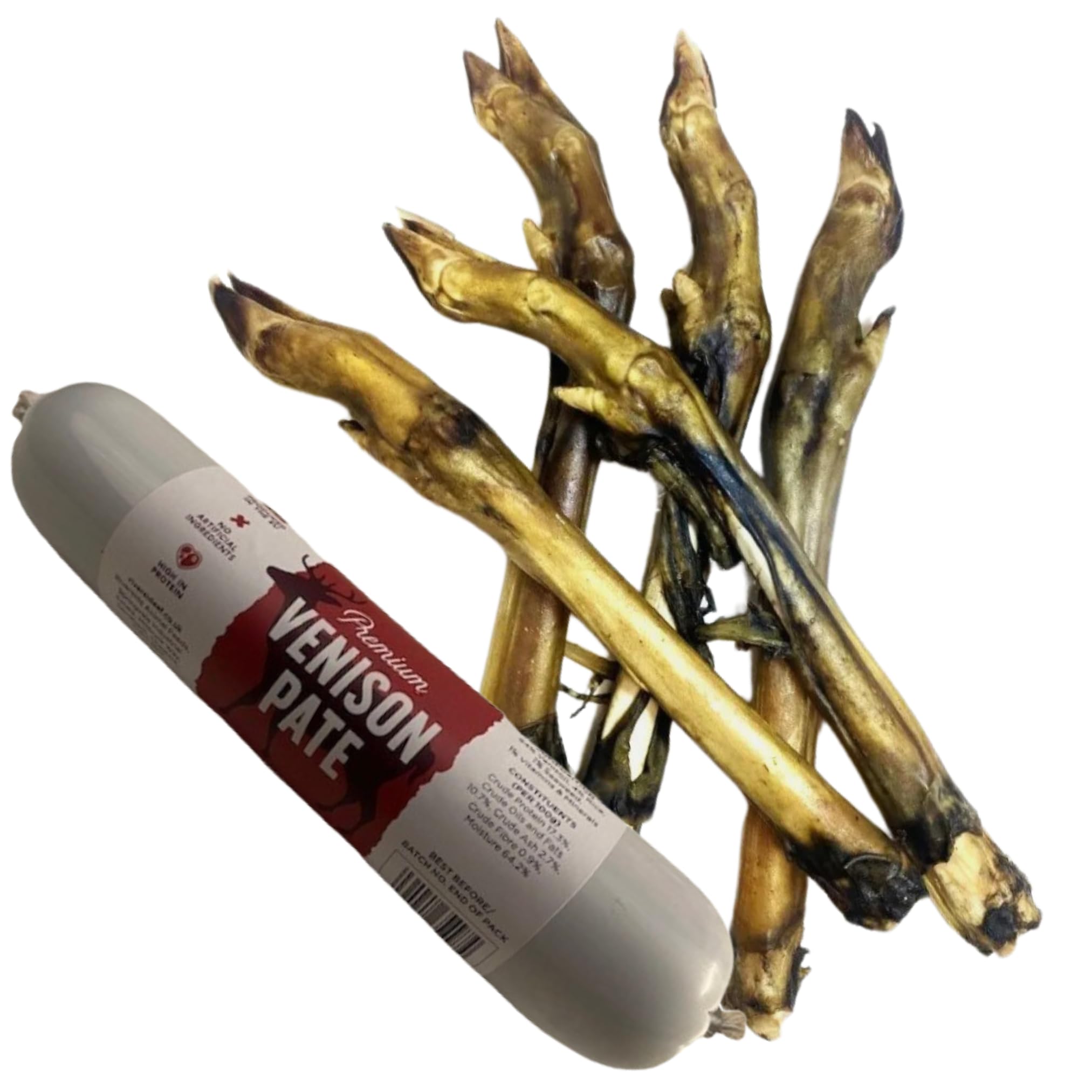 Premium Natural Dog Treats | 400g Venison Pâté and 5 Air Dried Doe Legs | High Protein Grain-Free Snacks for Dogs | Long-Lasting Chews | Tartar Control and Dental Health.