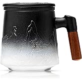 suyika Ceramic Tea Cup with Infuser and Lid, Gradient Embossed Large Tea Mug Wooden Handle for Steeping Loose Leaf, Tea Lover Gifts 15.2 oz / 450 ml,Matte Black