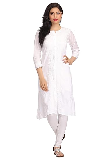 Hand Embroidered Lucknow Chikan Regular Wear Cotton Kurti Kurta A151782 White
