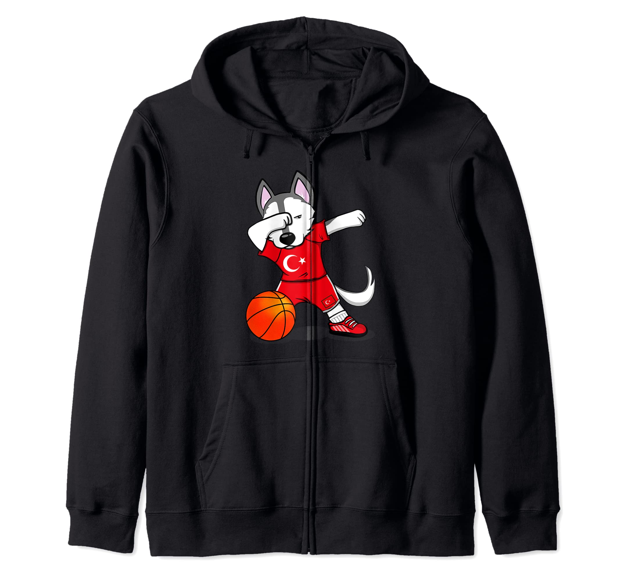 Dabbing Husky Dog Turkey Basketball Fans Jersey Turkish Flag Zip Hoodie