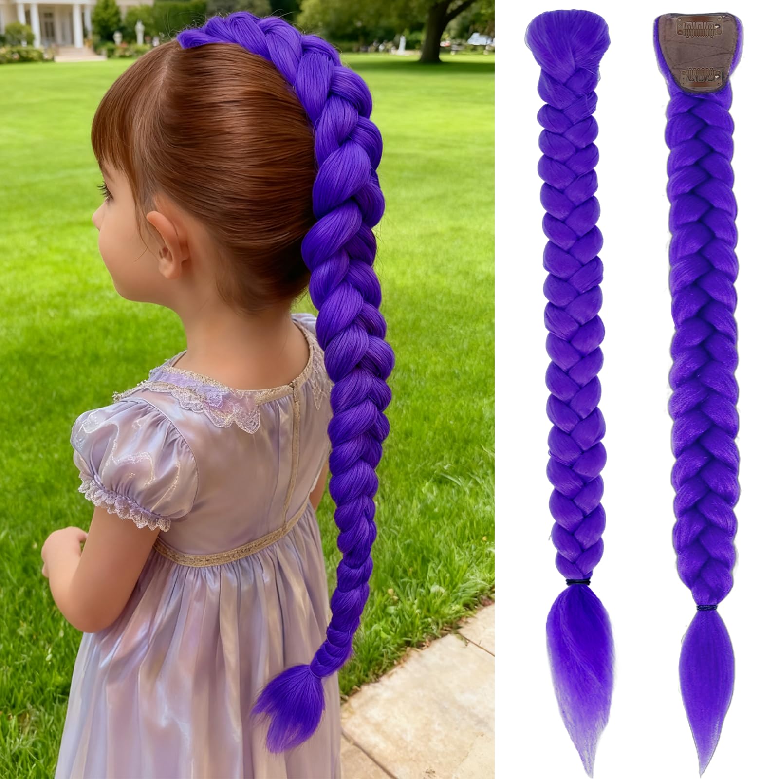 Photo 1 of 24 Inch Long Purple Braid Ponytail Extensions Pre Stretched Purple Hair Extensions for Braids Easy Clip in Ponytail for Teen Cosplay Halloween Costume(24 Inch)