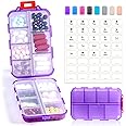 14 GRIDS Travel Pill Organizer Box with Labels - Travel Medicine Case Kit - Pocket Daily Pharmacy Container - Travel Medication Holder Dispenser for Fish Oil Vitamin Supplement Storage - Clear Purple
