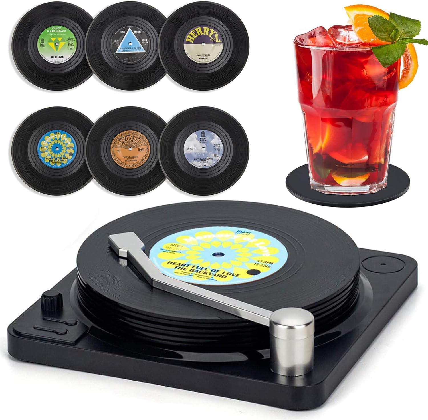 Litensh 6pcs Retro CD Vinyl Record Coasters with Player, Non-Slip Rubber Round Drink Mats Music Coasters Set of 6 for Drinks Bars Cafes Home Party Office Gifts for Music Lovers and Birthday Gifts M2