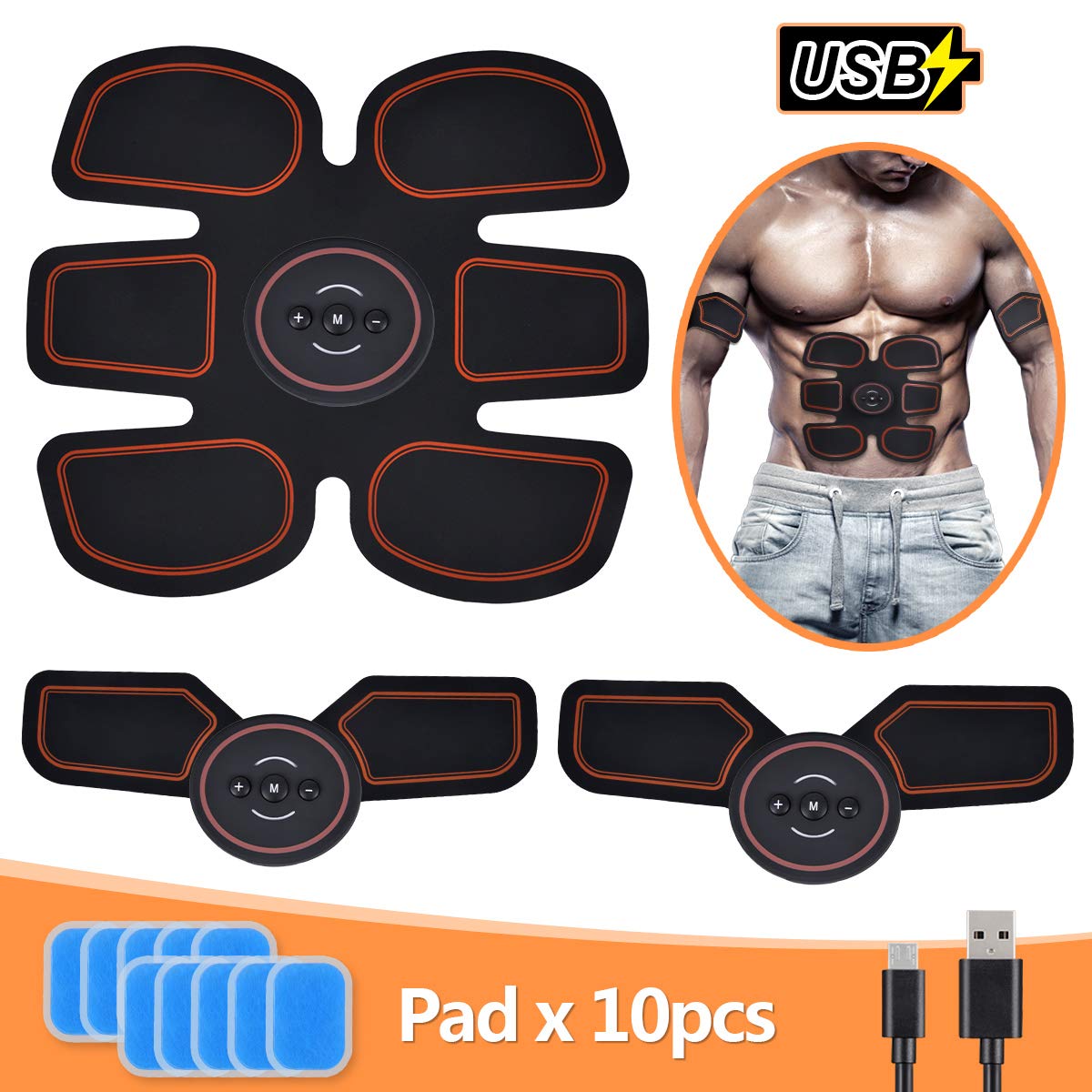 Abs Trainer, SLB USB Rechargeable Muscle Stimulator, Updated EMS Ab Toner with 6 Modes & 10 Intensities for Home Fitness & Gym Workout, Abdominal ABS Stimulator for Men and Women with 10 Piece Replacement Gel Pads