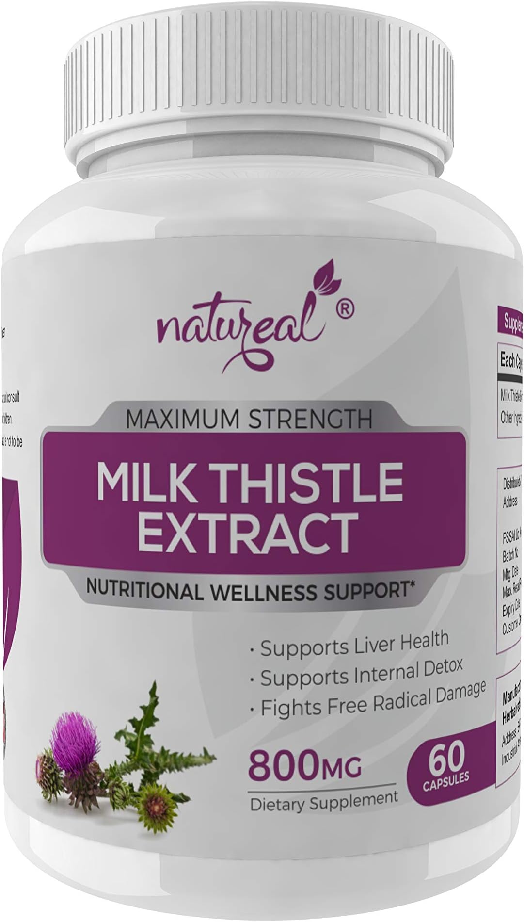 Natureal Milk Thistle Pure Extract 800 mg Capsules for Healthy Liver Function | Natural Liver Cleanse & Internal Detox - 60 Capsules