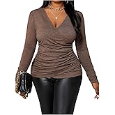 SOLY HUX Women's Plus Size Long Sleeve Tops Wrap V Neck Ruched Tee Shirts Fall Office Clothes