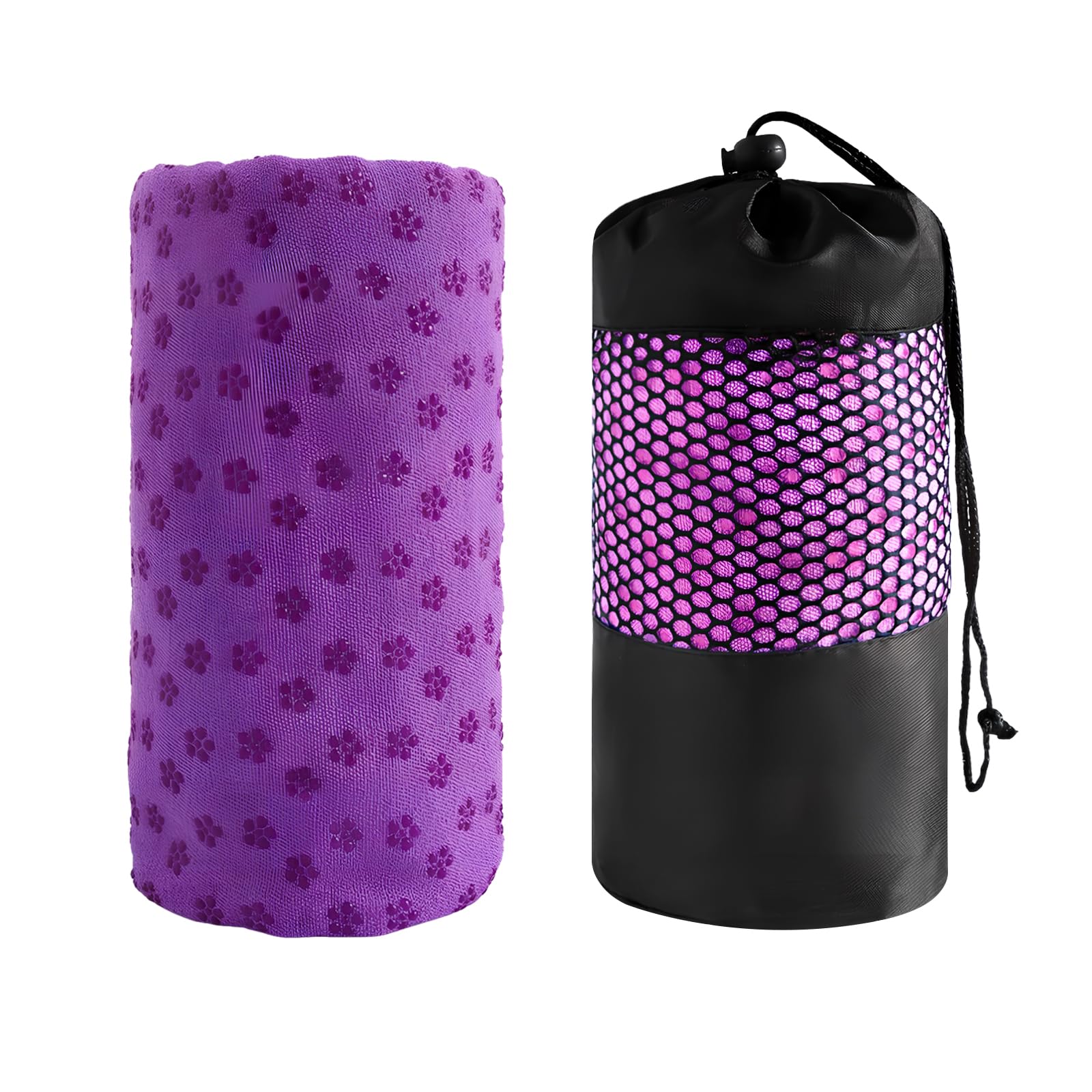 Non-Slip Hot Yoga Towel with Grip Dots, Sweat Absorbent, Quick-Drying, Ideal for Hot Yoga & Pilates, Washable, Free Carry Bag (Purple)