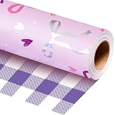 MAYPLUSS Purple Wrapping Paper, 17in x 33ft Holographic Bow Heart Gift Wrap | Metallic Purple, Reversible Gingham, Perfect for Girls Women Birthday, Valentines, Anniversary, Memorial Day,Thanksgiving