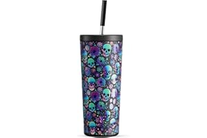Meoky 24 oz Halloween Tumbler with Lid and Straw, Stainless Steel Vacuum Insulated Tumbler, Keeps Cold for 24 Hours, 100% Leak Proof, Fits in Car Cup Holder (Black Skull)