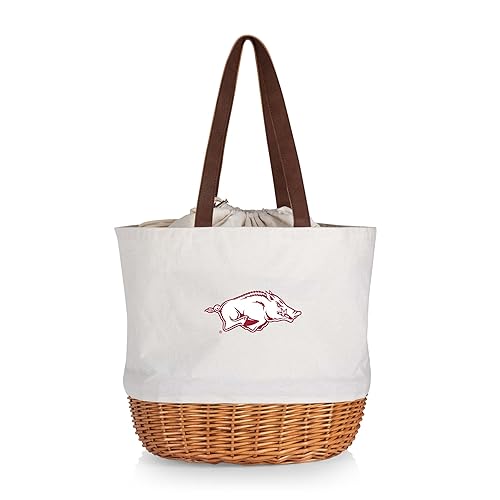 Picnic TIME NCAA Arkansas Razorbacks Coronado Canvas and Willow Basket Tote, Picnic Tote Bag, Beach Tote, (Beige Canvas)