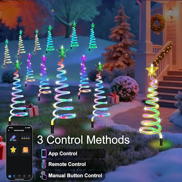24” CHRISTMAS PATHWAY LIGHTS OUTDOOR, 8 PACK MULTICOLOR 152 LEDS SMART SPIRAL XMAS TREE LIGHT WITH APP&REMOTE, DIY, TIMER, WATERPROOF LED CHRISTMAS OUTDOOR DECORATIONS FOR YARD PATIO WALKWAY (2FT*8)