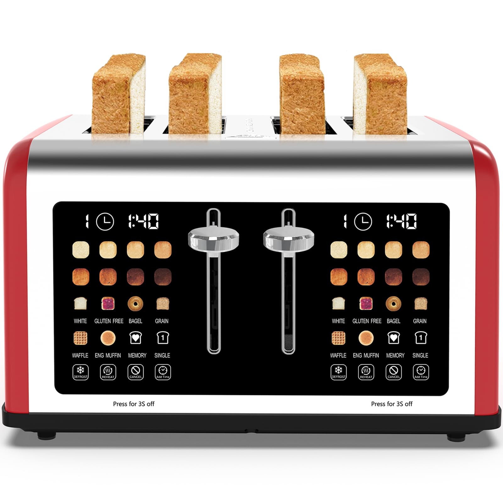 Tostadora de 4 rebanadas con pantalla táctil, tostadoras de acero inoxidable, temporizador digital, tostadoras con panel de control dual, 8 configuraciones de sombra, 6 tipos de pan para bagel, cancelar, descongelar 1650W rojo