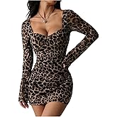 SHENHE Women's Y2K Leopard Print Long Sleeve Open Back Bodycon Mini Dress Sweetheart Neck Night Out Dress