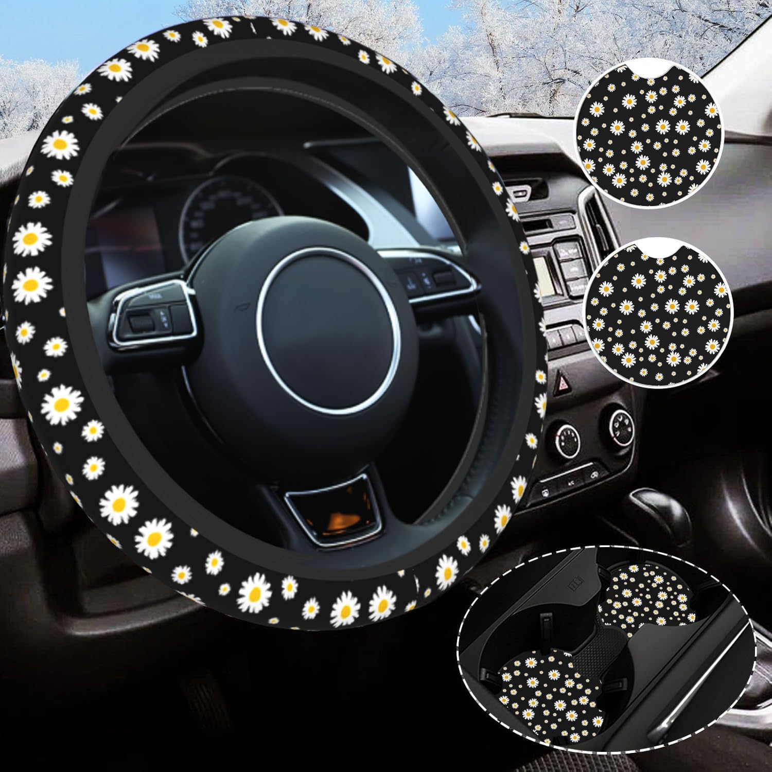 Photo 1 of Daisy Steering Wheel Cover Universal 14.5-15 Inch Non-Slip Daisy Car Accessories for Women Men