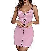 OYOANGLE Women's Ribbed Knit Nightgown Cute Bow Sleeveless Spaghetti Strap Slip Lettuce Trim Sleep Dress