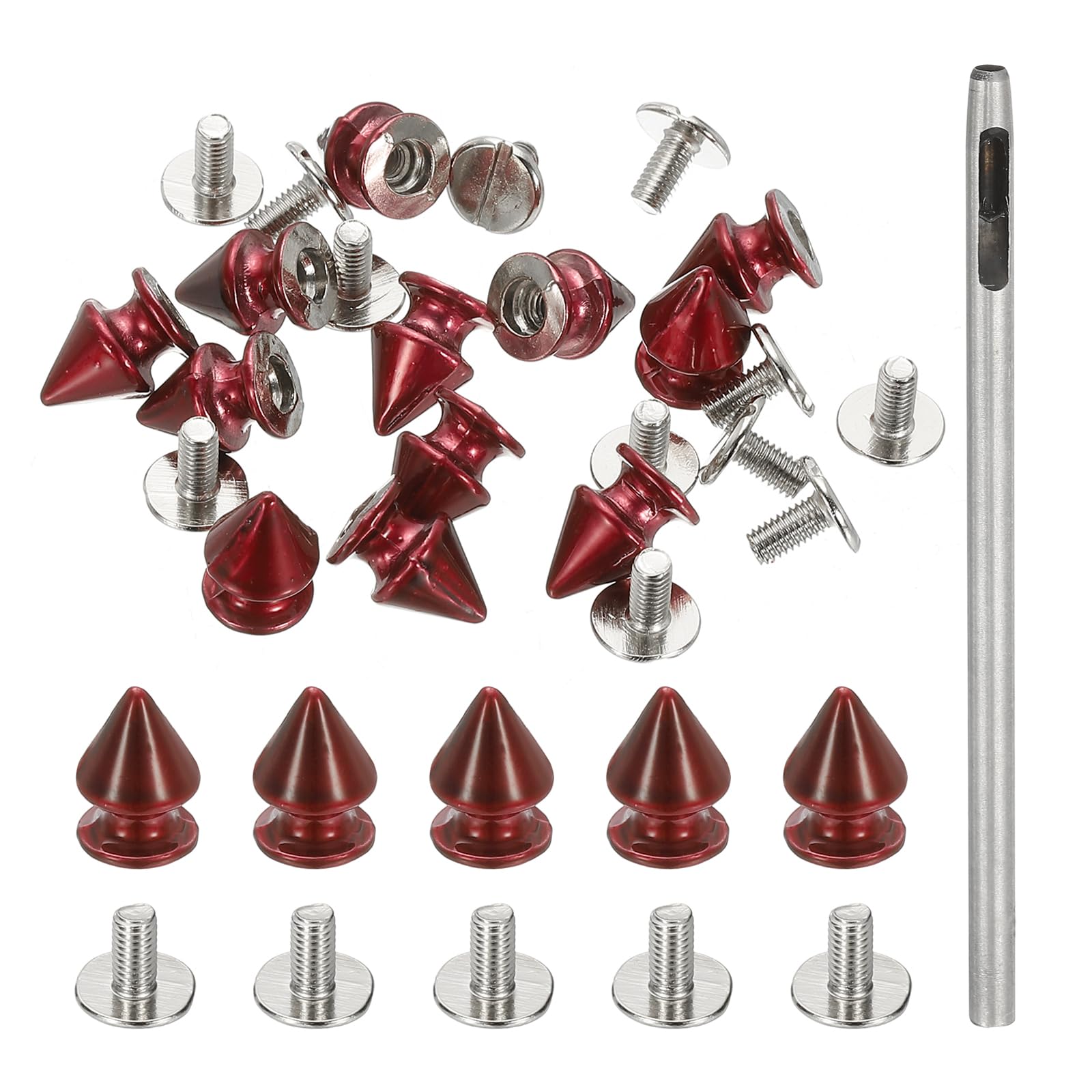 PATIKIL 12mm Studs for Clothing, 12 Sets Spikes for Clothes Studs and Spikes Leather Rivets Metal Cone Punk Spikes Screw Posts with Hole Puncher for Leather Jacket Fabric, Purple Red
