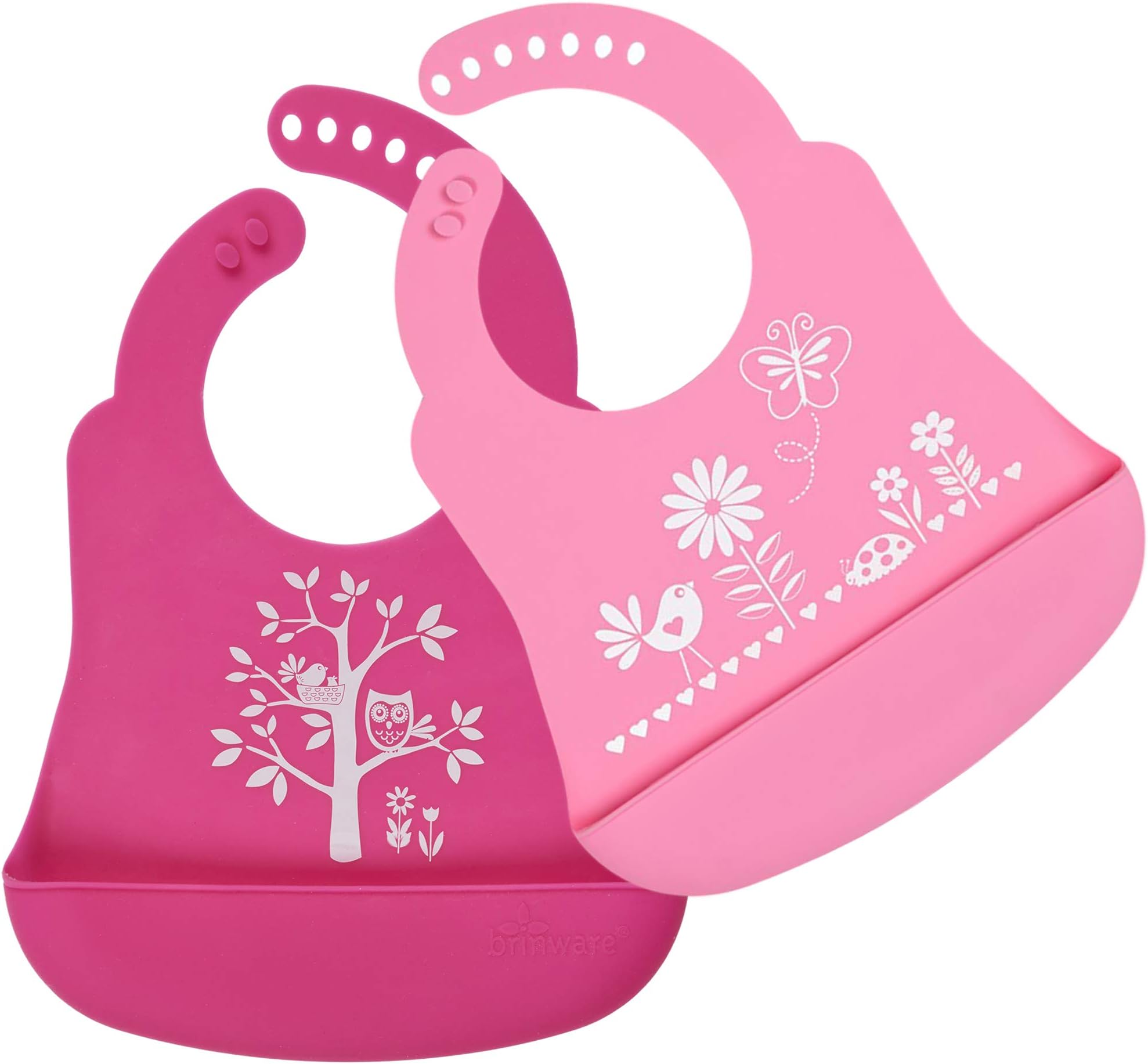 Brinware Silicone Baby Bib for Babies & Toddlers with Large Pocket - Easy to Wipe Clean Waterproof Soft Roll Up Toddler Bib Apron Catches Food and Keeps Stains Off - Girls Pink