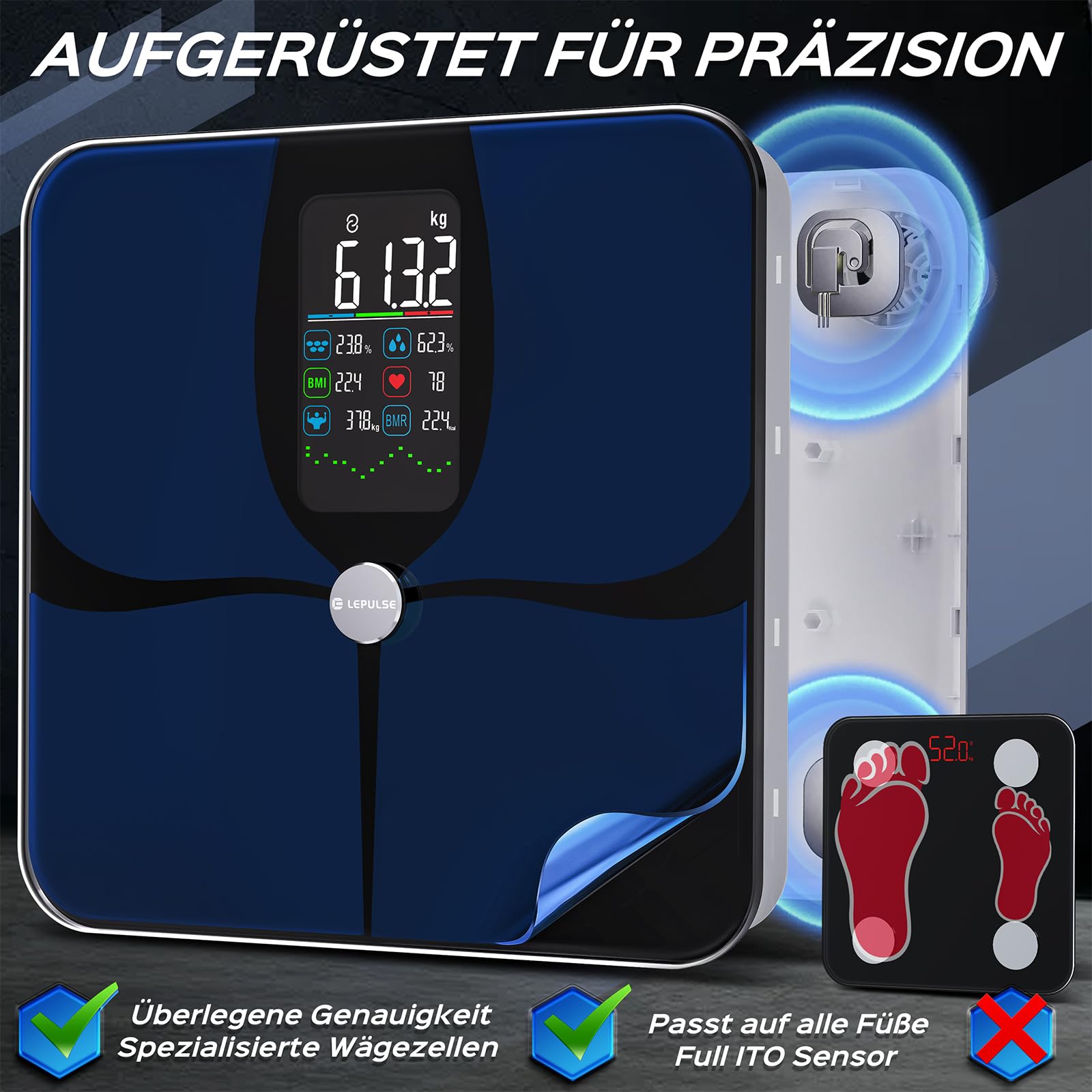 Lepulse Körperfettwaage F4 Pro, Aufladbar, Großes Display, Waage mit Körperfett und Muskelmasse, Personenwaage mit Körperfettanalyse, Trend, Körperwaage mit APP, Waage Personen, 22 Körpermaße 5