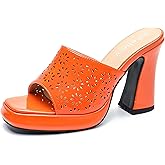 Peijely Women's Knit Platform Mule Sandals, Square Toe, Block Heel Slip-On Slides, Chunky High Heel Summer Shoes