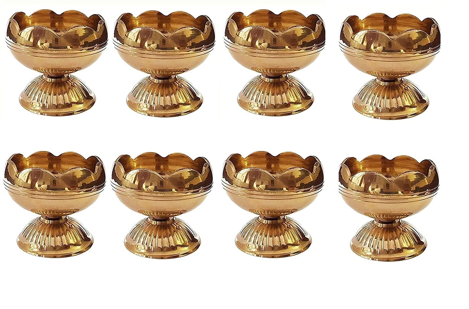 SATVIK 8 Pc Brass Diya for Diwali Decoration. Handmade Golden Virgin Brass Metal Oil Lamp Dia Kutthu Vilakku for Puja Pooja. Traditional Indian Deepawali Housewarming Return Gift Items Bulk