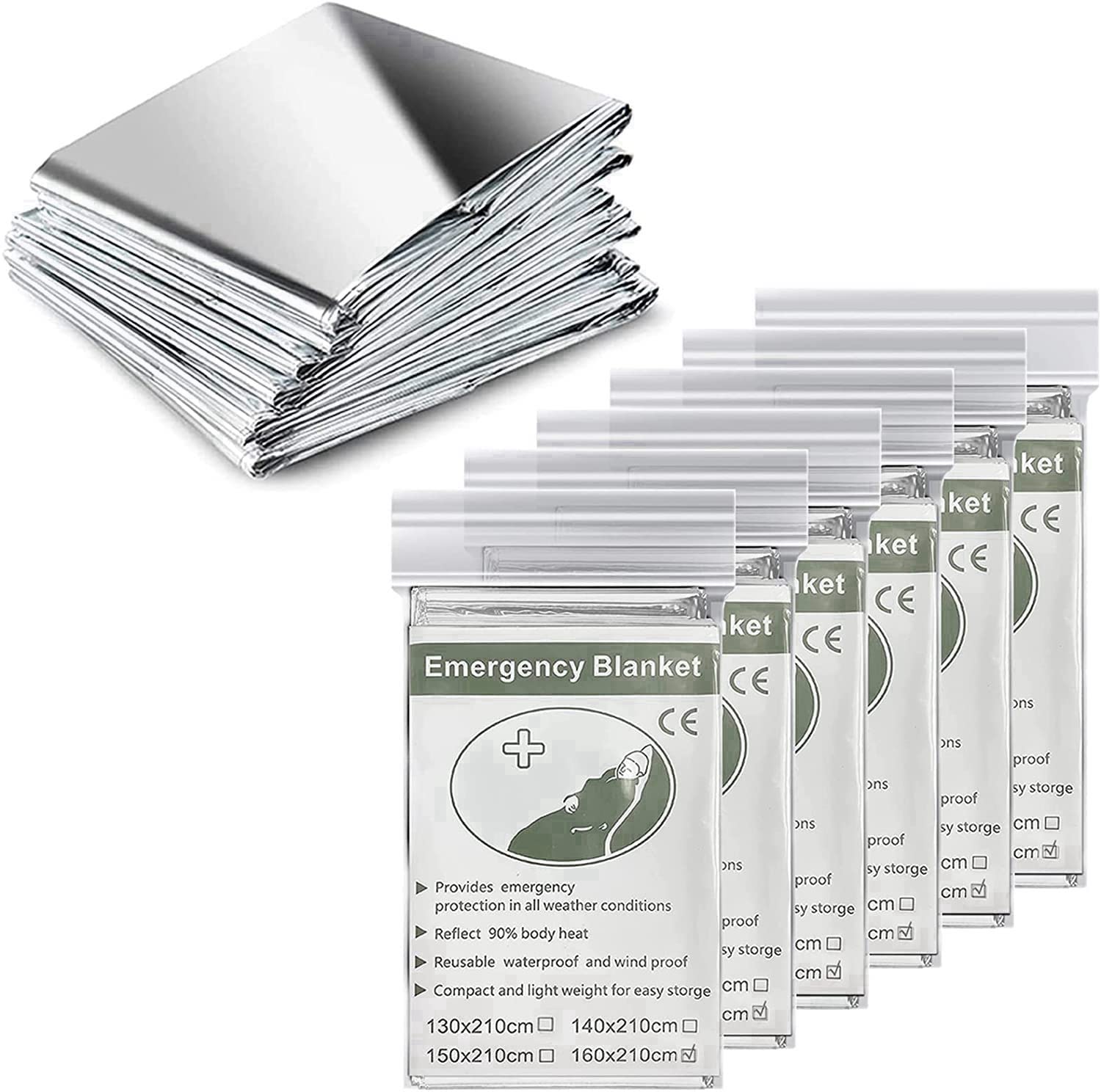 Tuokay, 6pcs Emergency Blankets, 2.1m x 1.6m Foil Thermal Blankets, Survival Rescue Emergency Blanket for Outdoors, Survival, Hiking, Marathons or First Aid, Tear Resistant (Silver)