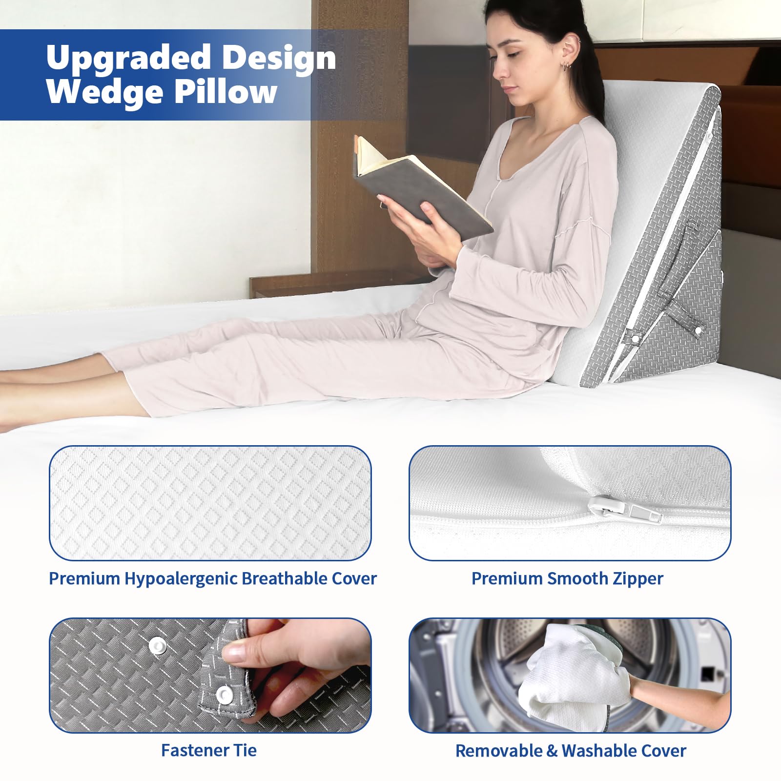 KingPavonini Bed Wedge Pillow for Sleeping, 7.5 & 9 & 11 & 12 Inch Adjustable Memory Foam Triangle Wedge Pillow Post Surgery for Back, Legs and Knee Support, Acid Reflux, Gerd, Heartburn and Snoring