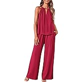 BTFBM Women's Casual Summer Two Piece Outfits Cotton Linen Sets Cutout Halter Sleeveless Top Wide Leg Pants Matching Set