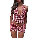 Franhais Polka Dot Shorts Sets Women 2 Piece Outfits Halter V Neck Backless Tank Top and Foldover Shorts Y2k Matching Set