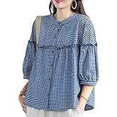 utcoco Womens Plaid Button Down Shirts Casual Loose Fit 3/4 Sleeve Tunic Tops Checkered Blouses