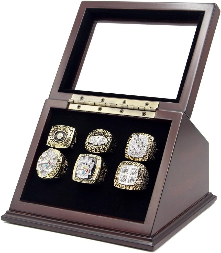 Trophies Collectible Championship Rings Display Case Box with 6 Holes and Slanted Glass Window for Any Championship Rings -Rings are Not Included