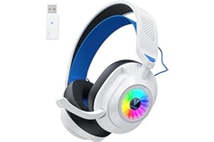 Vakedy HW10 Wireless Gaming Headset for PS5, PC, PS4, Switch, Noise Cancelling Over Ear Headphones with Mic, 2.4GHz Low Latency & Bluetooth, 50Hr Battery, RGB Light(White/Blue)