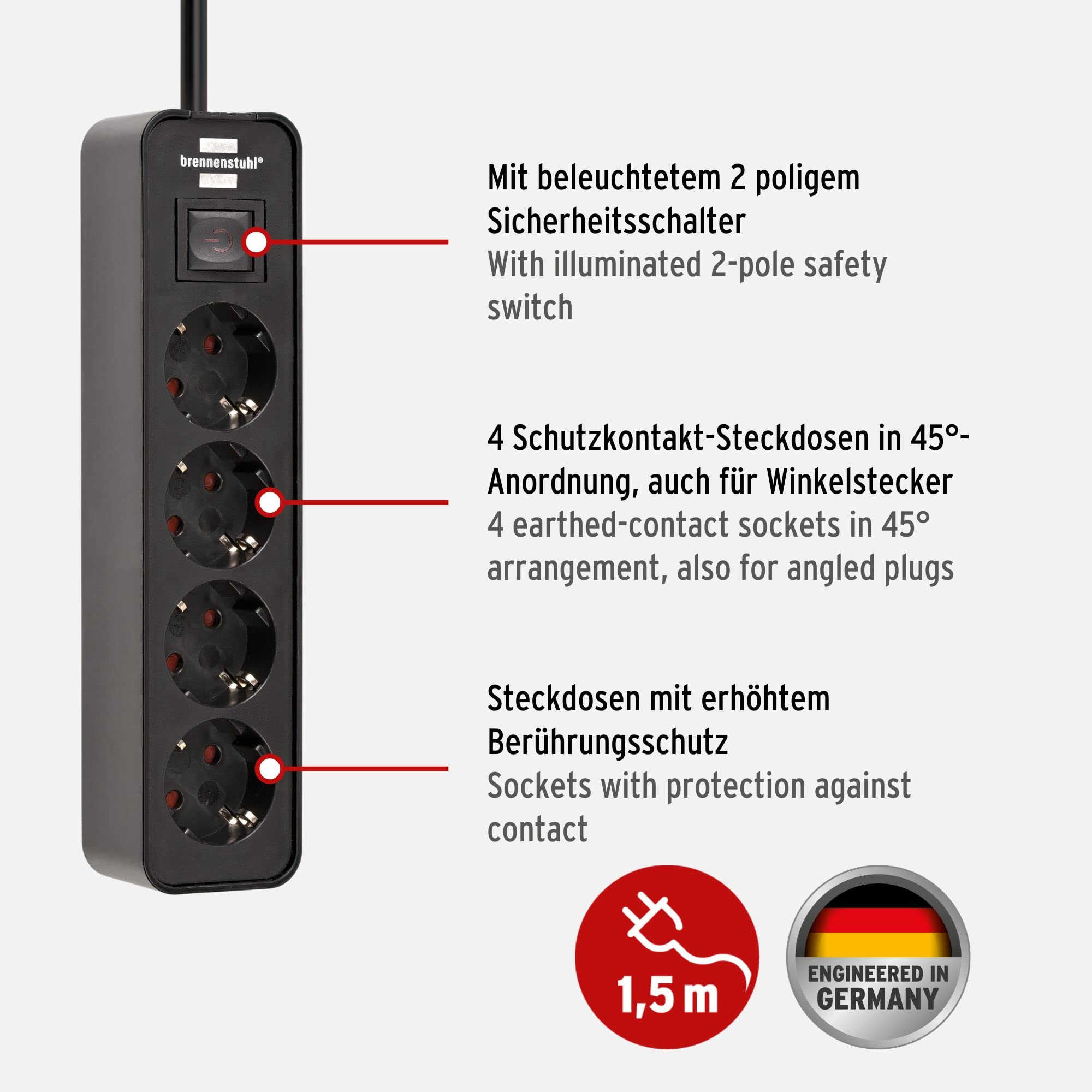 Brennenstuhl Ecolor Steckdosenleiste 4-Fach (Mehrfachsteckdose mit Schalter und 1,5m Kabel) schwarz 2