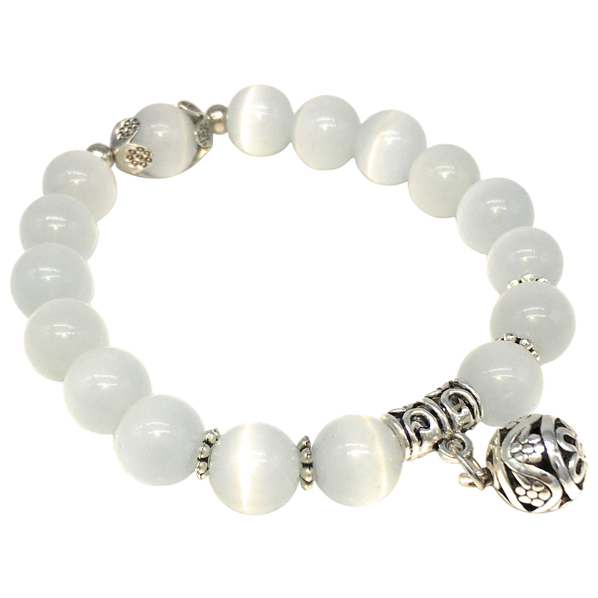 Helena Rose Cats Eye Bead Charm Bracelet - Gorgeous Magical Boho Fashion Ladies Bangle - Chakra Stone Jewellery With Gift Box (MILKY WHITE)