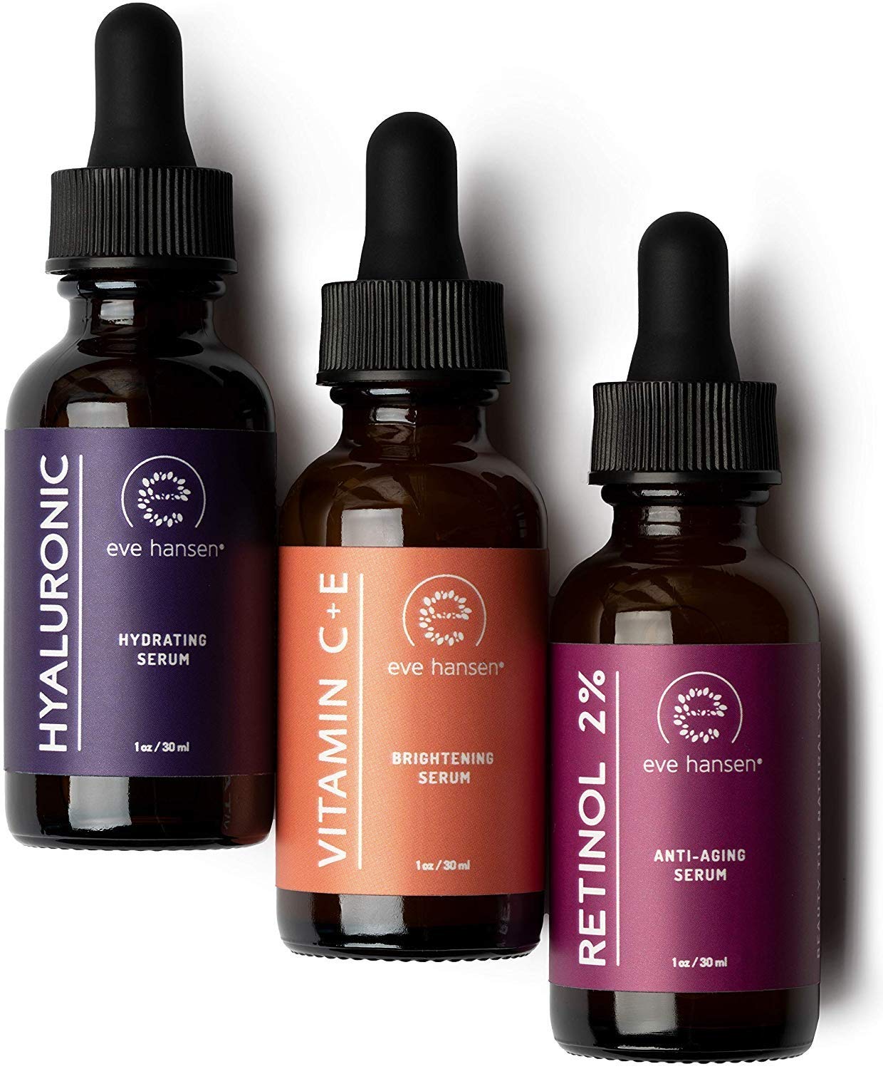 Anti Aging Skin Care Set by Eve Hansen - Best Natural Anti Wrinkle Serum Set, Dark Spot Corrector, Reduce Hyperpigmentation, Acne Scars, Age Spots - Hyaluronic, Retinol, Vit C Serums - 3 X 1 Ounce