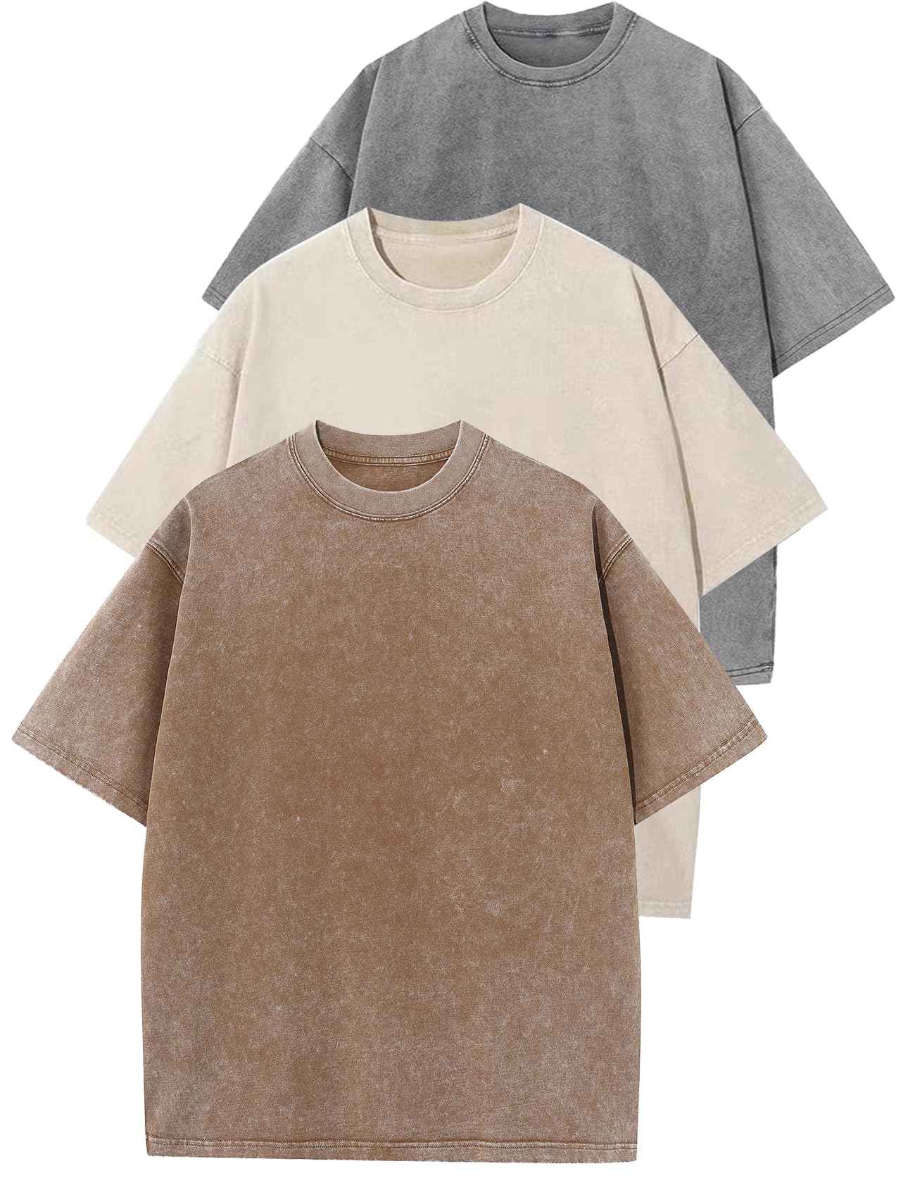 Photo 1 of Flygo 3 Pack Men Oversized T Shirts Acid Washed Unisex Tee Loose Fit Short Sleeve Casual Streetwear Baggy Basic Tops(Grey+Khaki+Beige L)